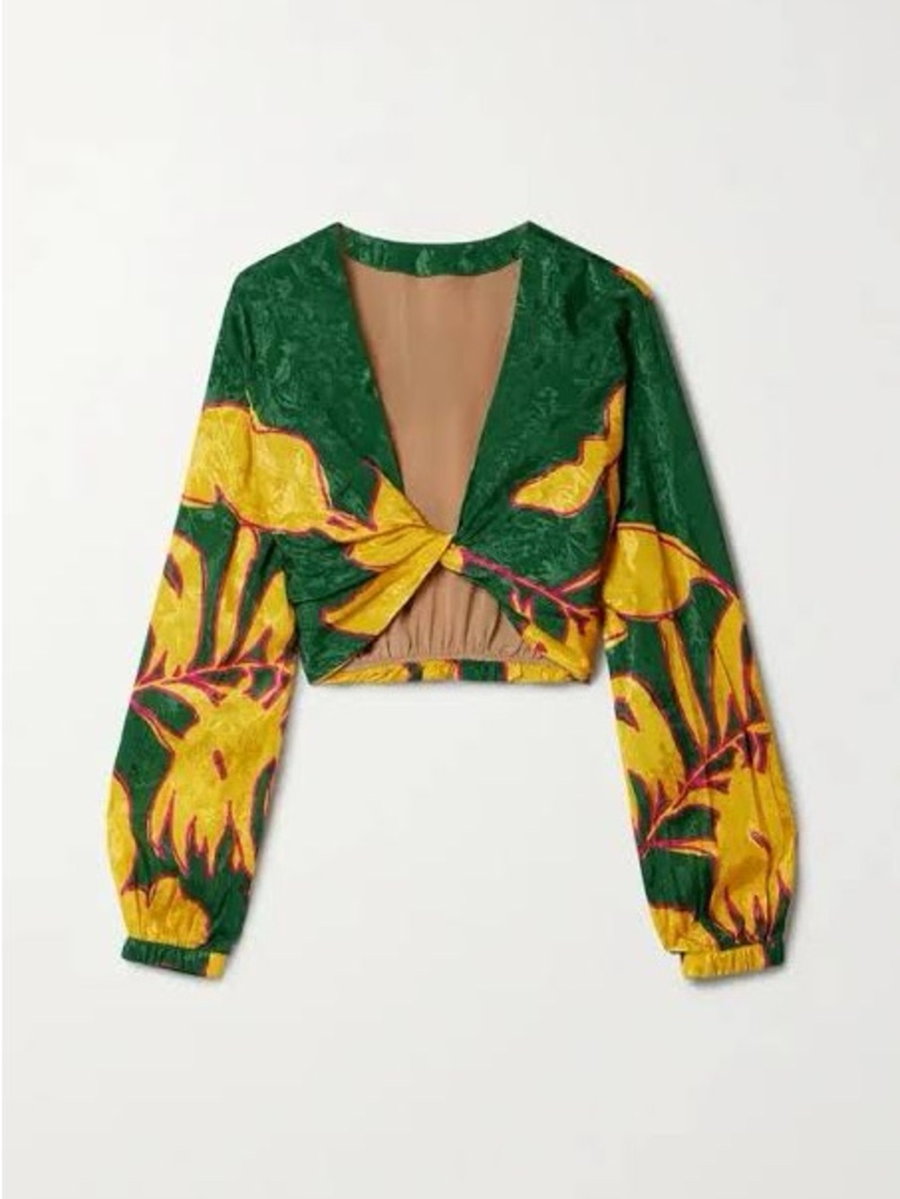Johanna Ortiz Reversible Yellow, Green & Pink Floral Silk Jacquard Crop Top